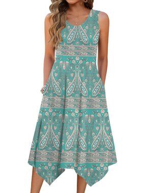 🆕Women's Light Green Summer Tank Dress Loose Flowy Beach Dress  Flare Midi Dres